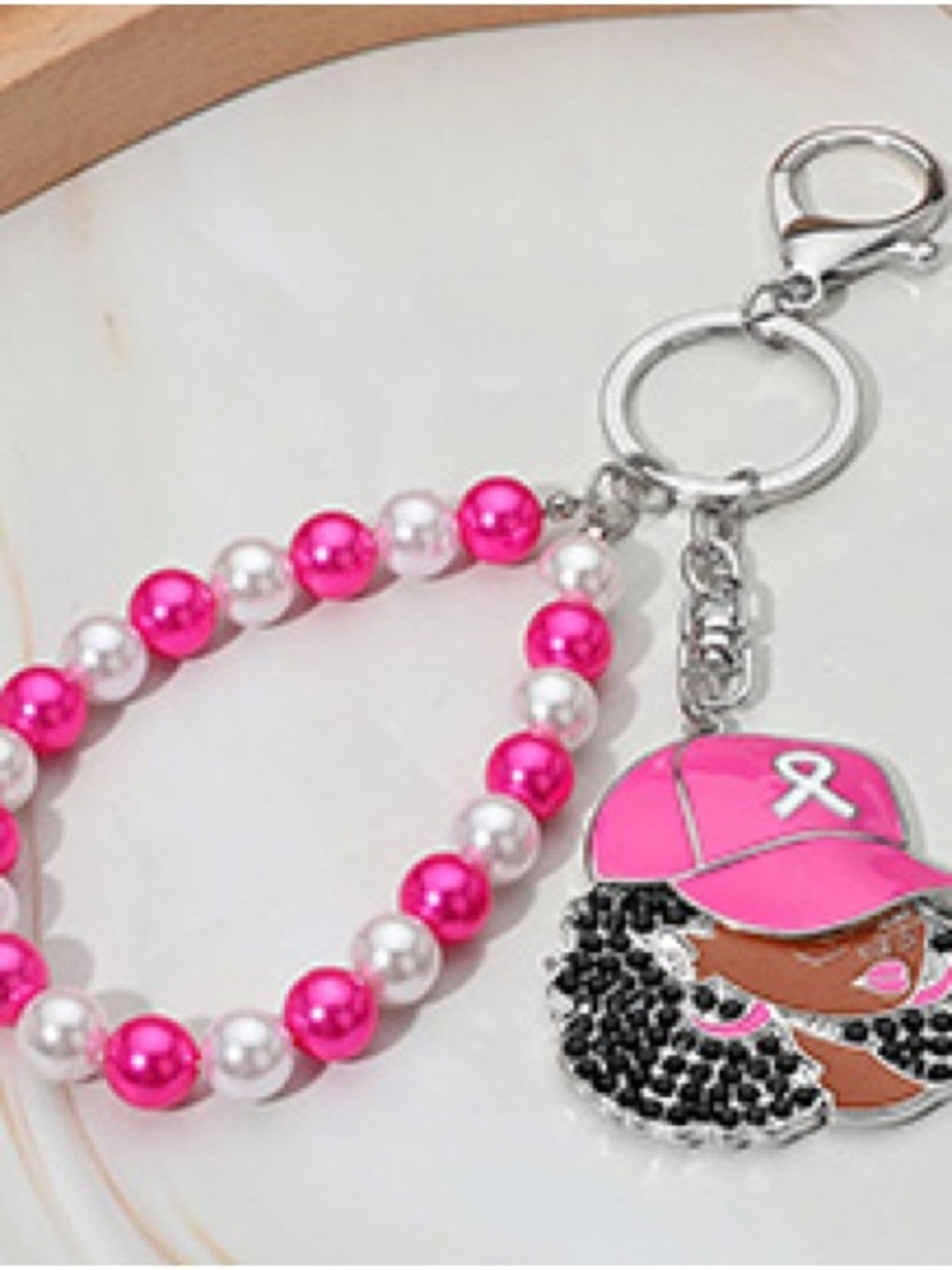 Pink Pearl Beaded Keyring with Breast Cancer Awareness Charm